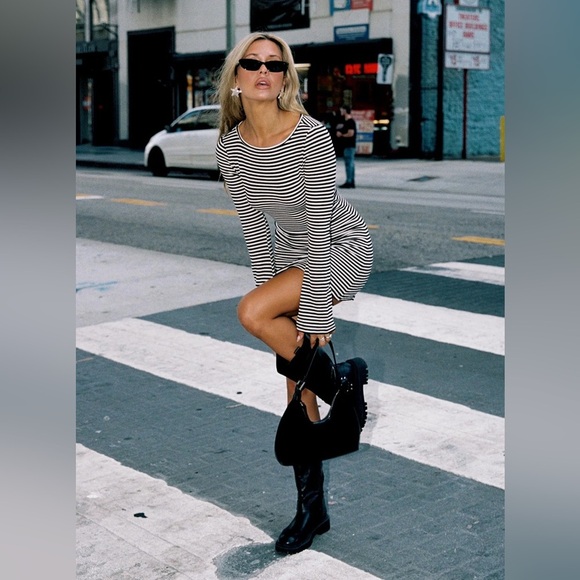 Princess Polly Bryanna Stripe Black White Bell Flare Sleeve Ribbed Mini Dress - Picture 4 of 12